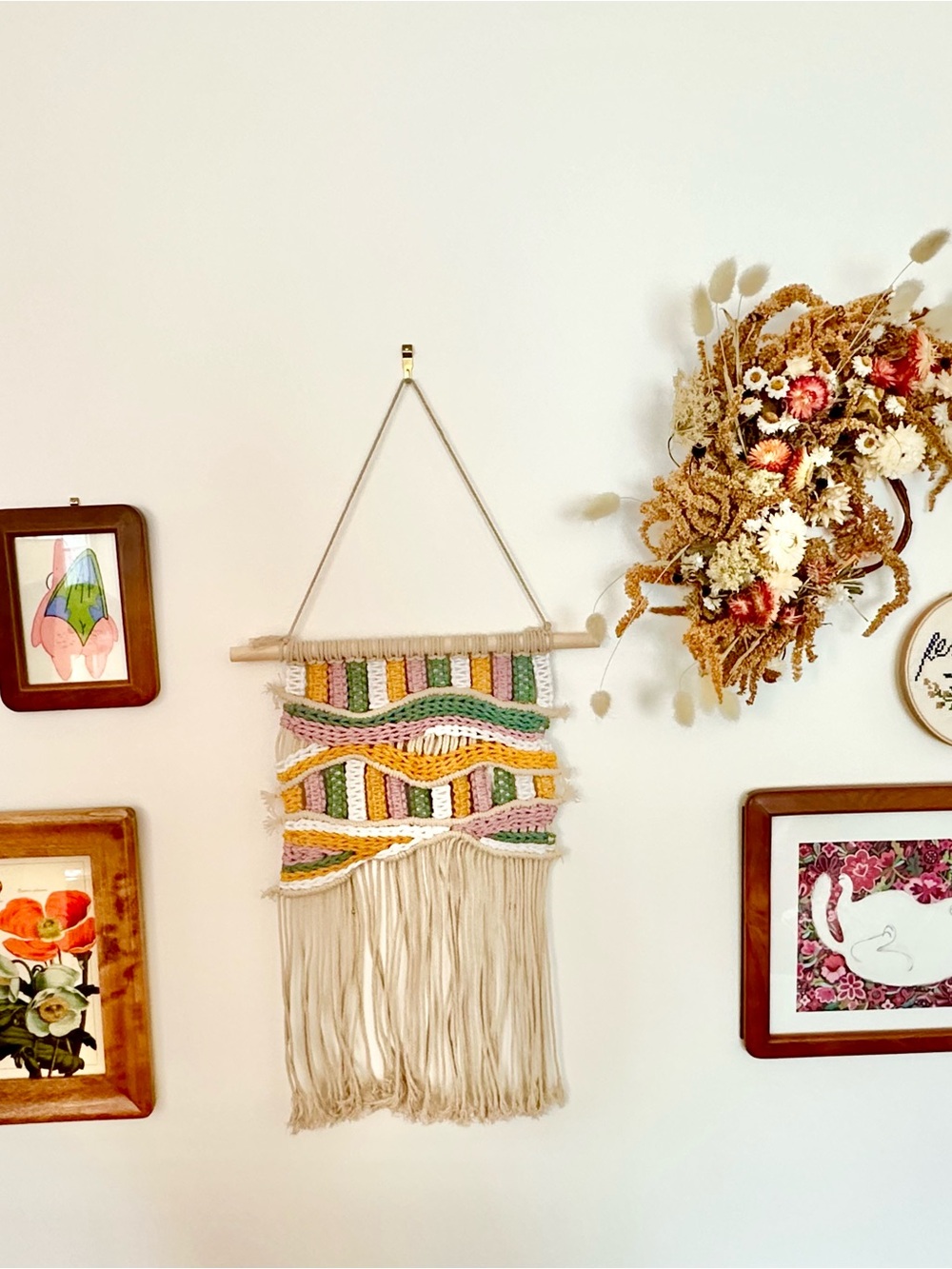 Hand Crafted Macramé Wall Hanging in Cream, Pink, Green & Yellow